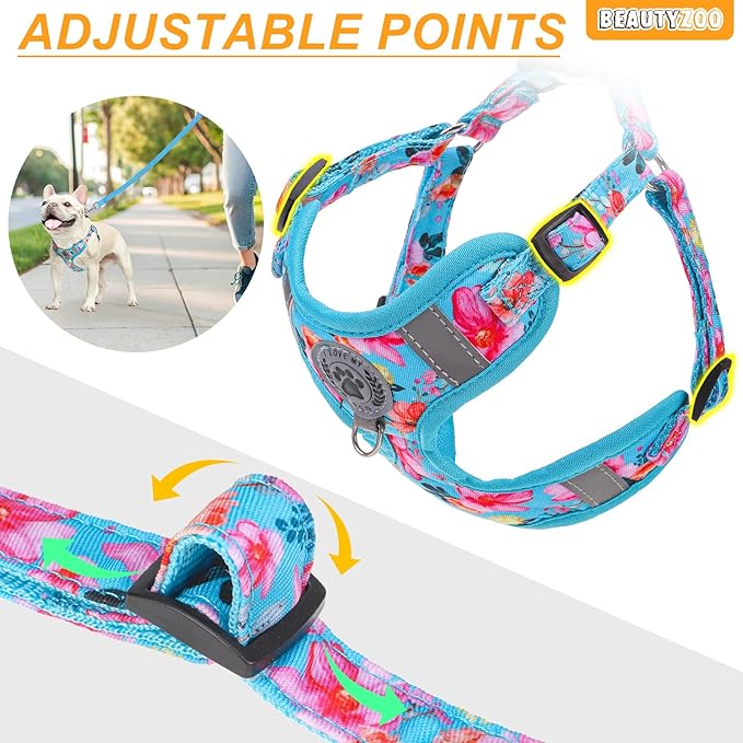 BEAUTYZOO Dog Harness Collar and Leash Set, No Pull Step in Pet Harness for Small Sized Dogs, Adjustable No Escape Puppy Vest Harnesses Outdoor Walking Running, Soft Reflective Vest, Blue XS