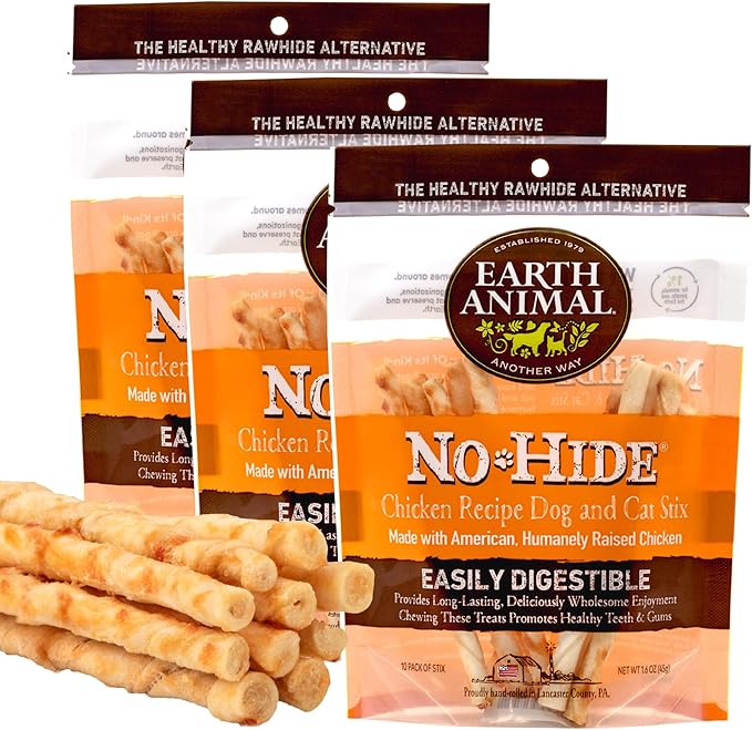 Earth Animal No Hide Stix Chicken Flavored Natural Rawhide Free Dog Chews Long Lasting Chew Sticks | Treats for Small Dogs and Cats | Great for Aggressive Chewers (3 Pack)