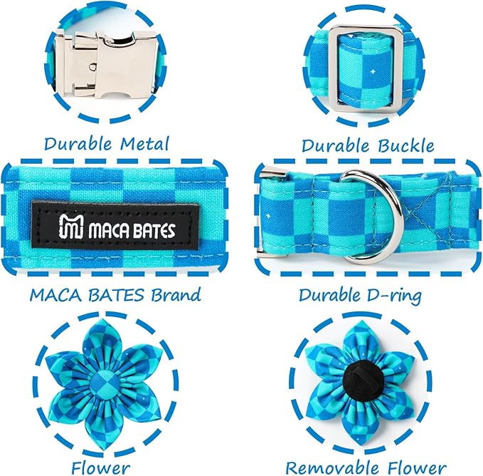 Maca Bates Checkered Plaid Mint Green Blue Dog Grid Collar with Flowers for Dogs Adjustable Breakaway Cute Plaid Collars Accessories Gift for Small Medium Large XL Puppy with Golden Metal Buckle