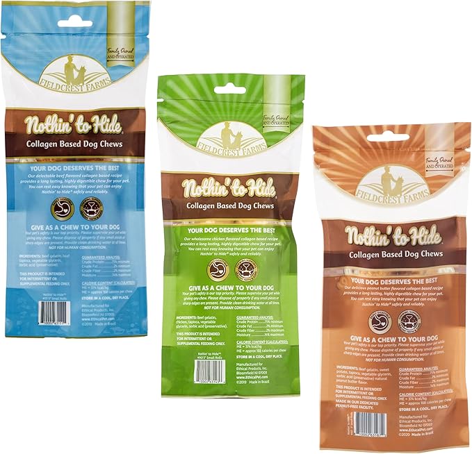 Fieldcrest Farms Nothing to Hide Natural Rawhide Alternative Rolls for Dogs - 3 Pack Bundle (Chicken, Beef, Peanut Butter) Premium Grade Easily Digestible Chews for Moderate Chewers up to 35 lbs
