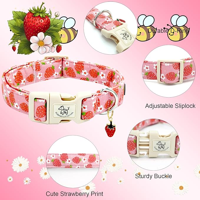 Elegant little tail Dog Collar, Strawberry Pattern Pet Collar Pink Durable Spring Female Spring Collar Adjustable Cotton Pet Collar with Quick Release Buckle for X-Small Puppy