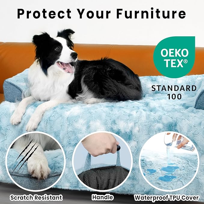 Calming Dog Couch Bed for Large Dog, 41 x 37 inch Waterproof Memory Foam Dog Bed for Couch, Durable Fluffy Fuzzy Dog Bed Mats with Washable Removable Cover Protector for Sofa, Tie-Dry Blue