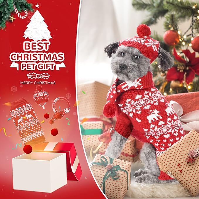 PETCARE 3 Pack Dog Christmas Costume - Cute Red Reindeer Snowflake Christmas Dog Sweater Scarf Hat Set - Pet Dog Cat Puppy Xmas Outfits Costume for Small Medium Dogs Cats Clothes