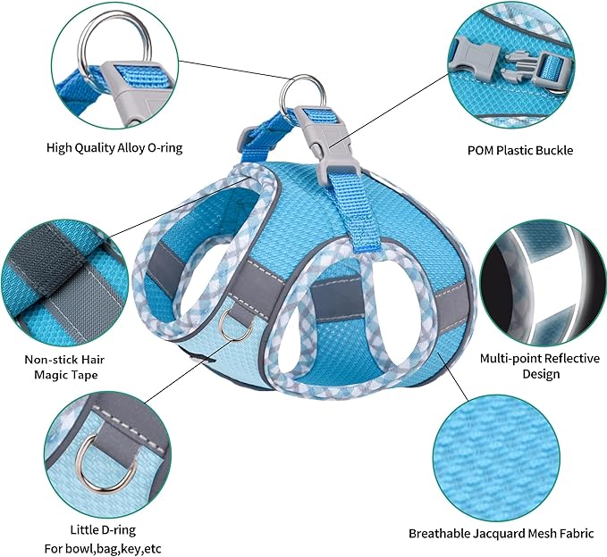 AIITLE Teacup Puppy Harness with Leash - Adjustable Soft Vest with Magic Velcro & Reflective Safety Strips, Easy-Put-On for Poodles, Pomeranians - Gym, Hiking, Travel (Blue, S)