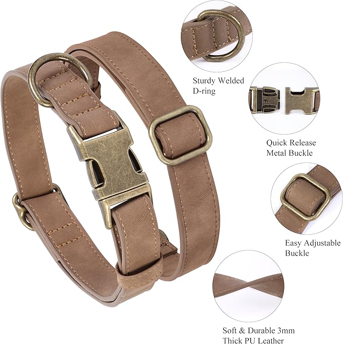 Soft Leather Dog Collar for Small Medium Large Dogs, Heavy Duty Dog Collar Leather with Quick Release Metal Buckle, Durable & Adjustable for Medium Dogs Walking (Brown, M)