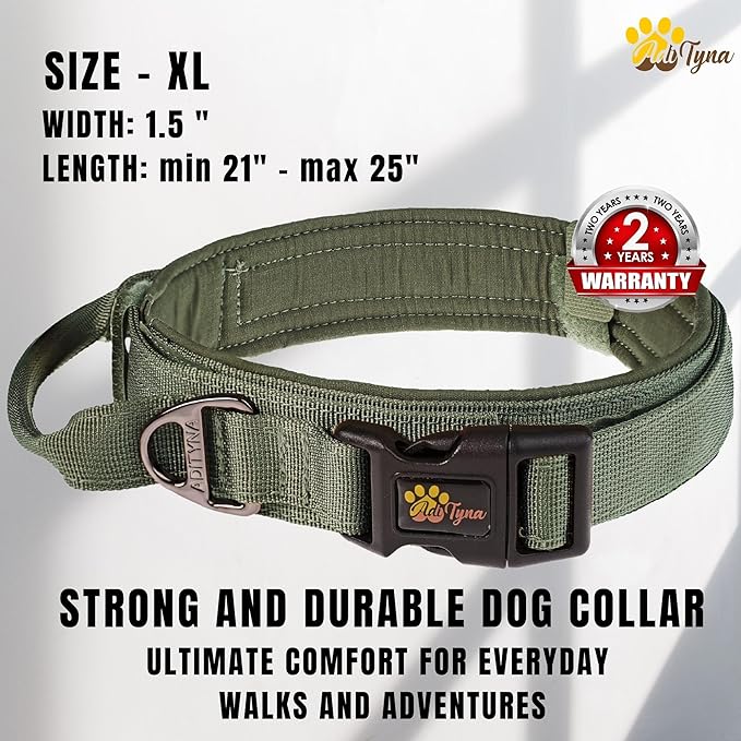 ADITYNA Tactical Dog Collar for Extra-Large Dogs - Soft Padded, Heavy Duty, Adjustable, Military, Big Green Collar with Handle for Training and Walking