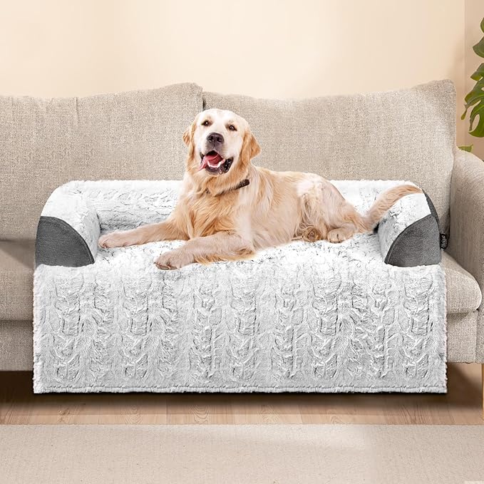 Calming Large Dog Bed for Couch, 41 x 37 inch Removable Couch Cover for Dogs Washable, Non-Slip Fluffy Plush Dog Sofa Mat for Furniture Protector - Grey