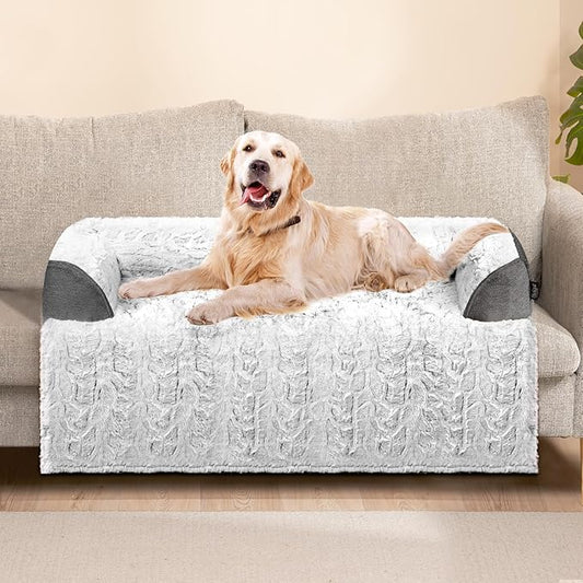 Calming Large Dog Bed for Couch, 41 x 37 inch Removable Couch Cover for Dogs Washable, Non-Slip Fluffy Plush Dog Sofa Mat for Furniture Protector - Grey