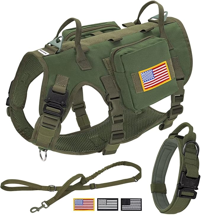 Forestpaw Tactical Dog Harness for Large Dogs,Tactical Dog Collar with Bungee Leash Set,No Pull Military Dog Harness for Walking Training,Adjustable for Medium Large Dogs,Green,Chest 15.5-25.5"
