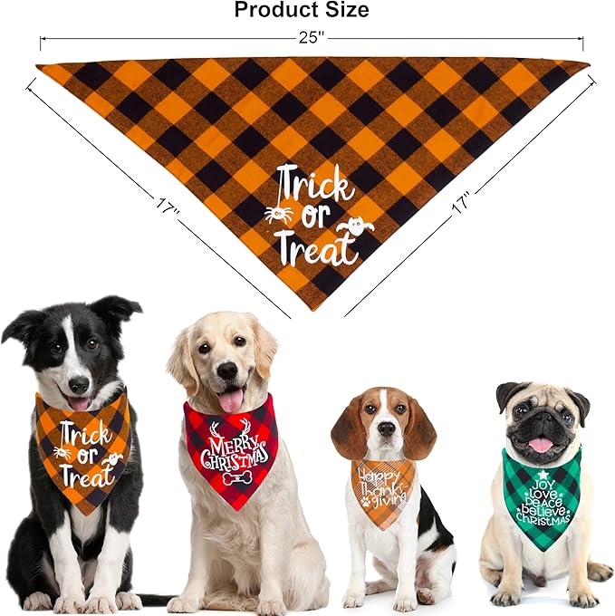 ADOGGYGO 4 Pack Plaid Holiday Dog Bandana, Halloween Thanksgivng Christmas Bandana Scarf Kerchief Christmas Thanksgivng Halloween Bandana for Small Medium Large Dogs (Large)