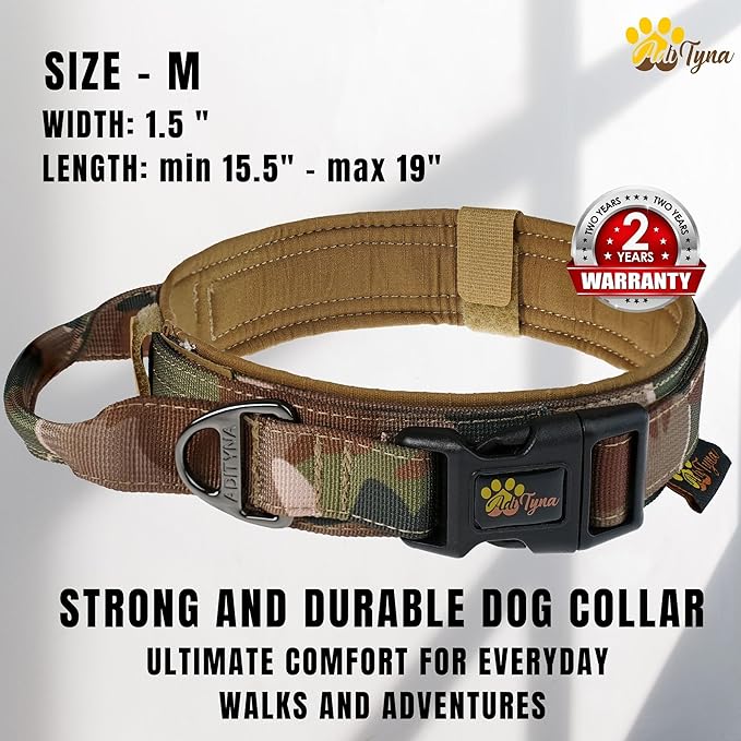 ADITYNA Tactical Dog Collar for Medium Dogs - Soft Padded, Heavy Duty, Service, Adjustable, Military, K9 Camo Medium Collar with Handle for Training and Walking