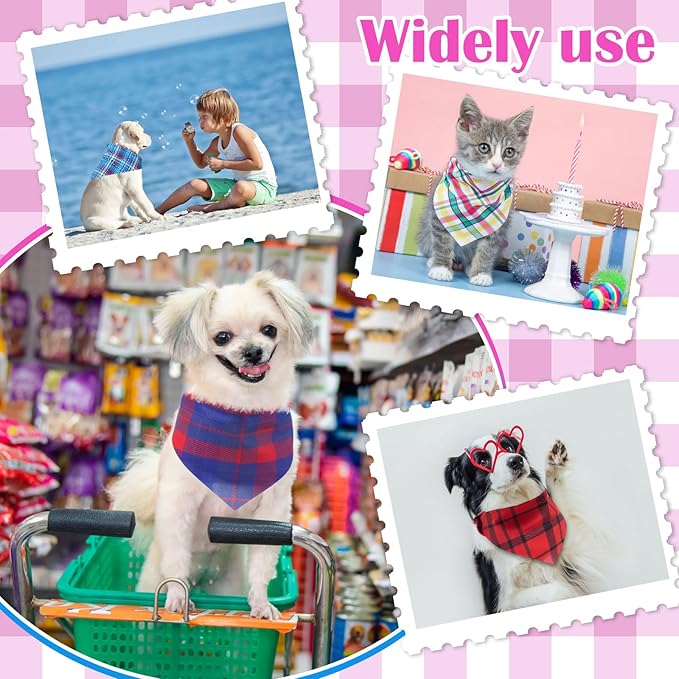 Sanwuta 120 Pcs Plaid Dog Bandanas Bulk Pet Scarves Adjustable Soft Cute Dog Triangle Scarfs for Medium Small Dogs Cats Large Puppy