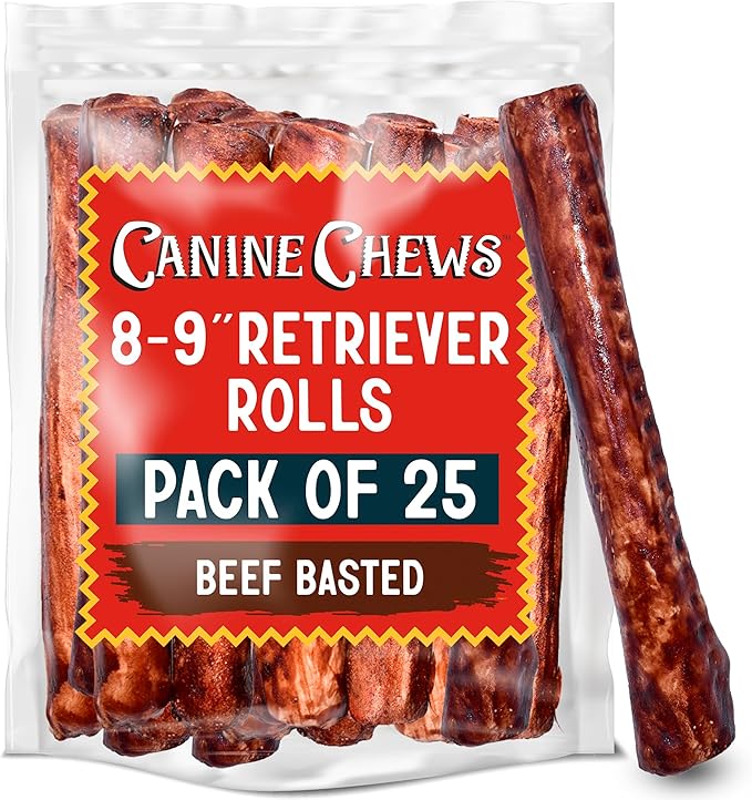 Canine Chews 8-9" Beef Basted Rawhide Rolls, Raw Hide Bones for Large Dogs, Dog Bones Large Breed, Durable, Long-Lasting, Medium & Large Breeds, 25pk