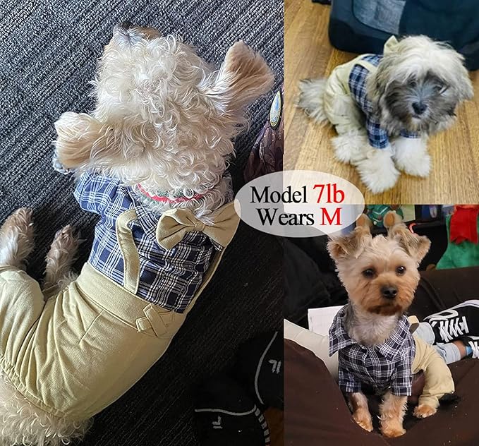 Pet Clothes Dog Shirts Classic Plaid Striped Overall Jumpsuit, Gentle Puppy Wedding Birthday Western Onesies Apparel, Fashion Daily Outfit with Bowtie for Dogs and Cats (Small, Khaki)