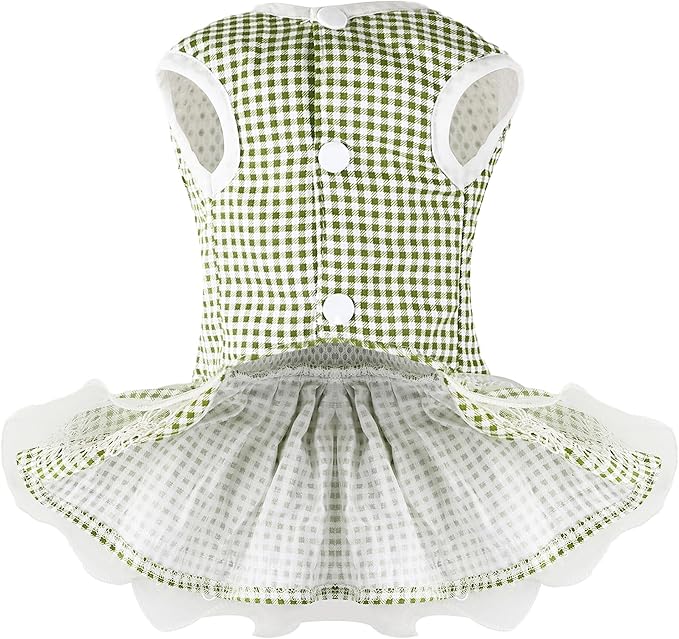 Dog Dress Plaid with Bowknot Cute Dress for Small Dog Cat Puppy Outfits with Harness Leash（ Green，X-Small ）