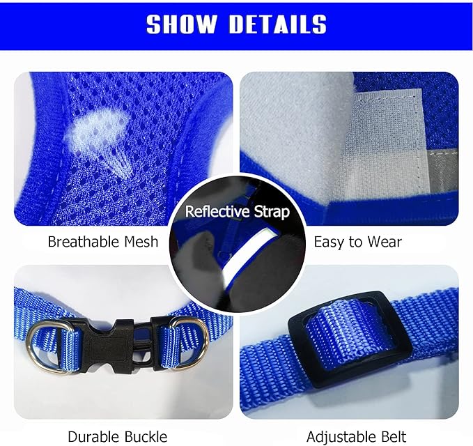 FEimaX Dog Harness and Leash Set for Walking, Soft Mesh Adjustable Easy Control Lightweight Cat Vest Harnesses with Reflective Strips, Escape Proof Small Dogs Cats Vests (Blue, X-Small)
