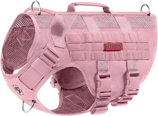 OneTigris Tactical Dog Harness for Small Dog, No Pull Small Dog Vest Harness with Handles Breathable Military Molle Vests for Walking Hiking Training (Pink, Large)