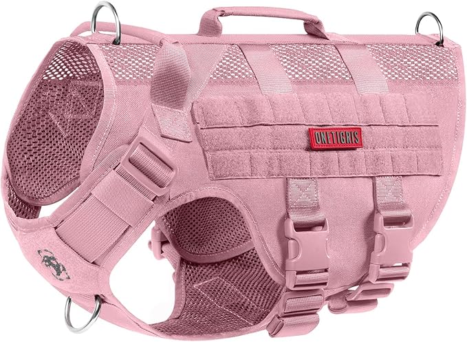 OneTigris Tactical Dog Harness for Small Dog, No Pull Small Dog Vest Harness with Handles Breathable Military Dog Molle Vests, Harness for Walking Hiking Training (Pink, Medium)