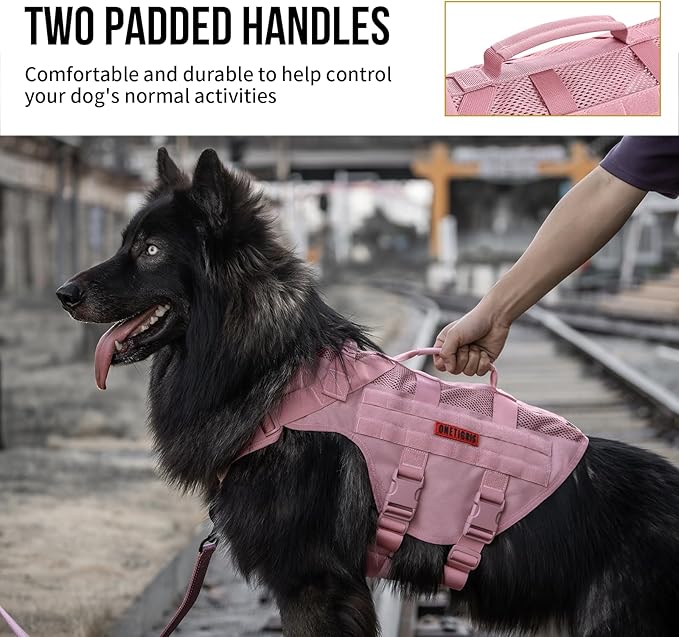 OneTigris Tactical Dog Harness for Small Dogs, No Pull Vest With Handles, Breathable Military Molle Vest for Walking Hiking Training (Pink, XS)