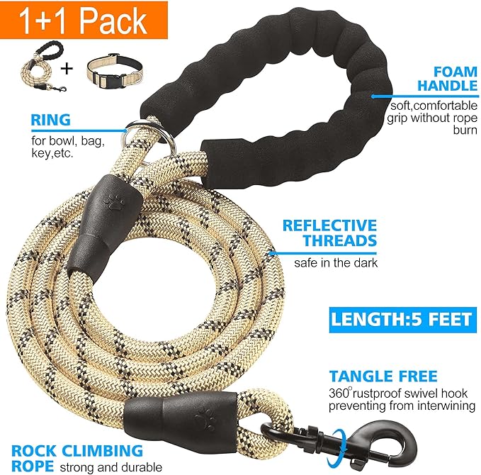 Reflective Dog Collar Padded with Soft Neoprene Breathable Adjustable Nylon Dog Collars for Small Medium Large Dogs (Large (Pack of 1), Vanilla Collar+Leash)