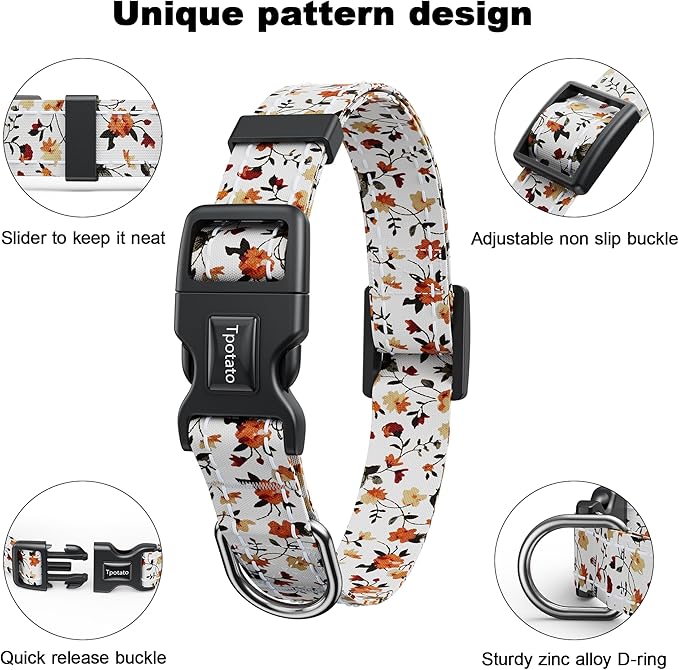 Tpotato Reflective Combination Pattern Girl Dog Collar for Puppy Small Medium Large Breed Dogs,Female Cute Floral Designer Dog Collars,Adjustable Soft Nylon Pet Collar,Quick Release Dog Collar L