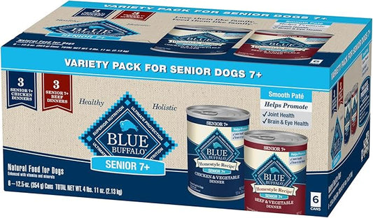 Blue Buffalo Homestyle Recipe Senior Wet Dog Food, Made with Natural Ingredients, Beef Dinner and Chicken Dinner, Variety Pack, (12.5-oz Cans, 3 of Each Flavor)