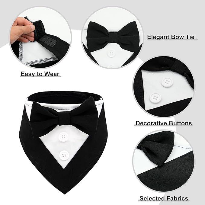 Cyeollo 2-Pack Wedding Tuxedo Costume for Small Dogs - Adjustable Dog Bandanas Collar with Bow Tie - Black & Striped, XS