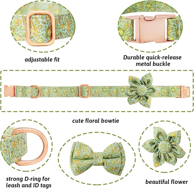 Dog Collar and Leash Set Girls Adjustable Puppy Collars with Planet Bow Tie for Small Medium Large Female Dogs, Green Planet, XS