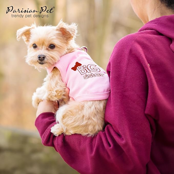 Parisian Pet Dog T-Shirt with Embroidered ' Big Sister ' - Breathable, Sleeveless Pet Vest - Machine Washable Pink Dog Shirt for Large Dogs, L