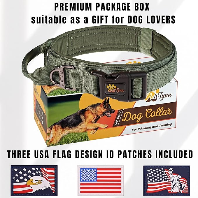 ADITYNA Tactical Dog Collar for Medium Dogs - Soft Padded, Heavy Duty, Service, Adjustable, Military, K9 Green Medium Collar with Handle for Training and Walking