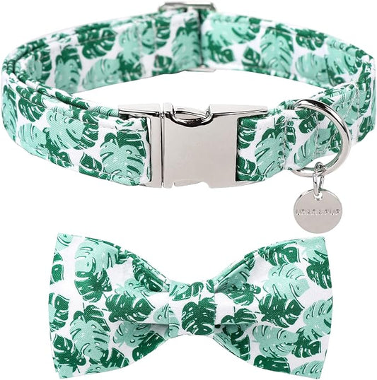 Summer Bow Tie Dog Collar, Comfortable Cotton Dog Collar with Bowtie for X-Large Dog Girl Boy, Hawaiian Dog Collar with Metal Buckle,Green, XL
