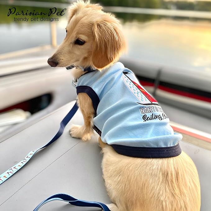 Parisian Pet Dog Tshirt - Embroidered “Sailing Club“ Lightweight Tank Top - 100% Cotton Dog Summer Clothes - Sleeveless Tee Shirts for Large Dogs - Pet Vest - L