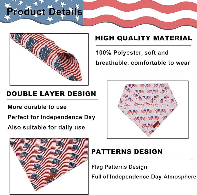 ADOGGYGO American Flag Dog Bandana 2 Pack, Reversible White Red USA Flag Pet Scarf Bib, Adjustable Fit 4th of July Bandanas for Extra Large Dogs Pets (X-Large)