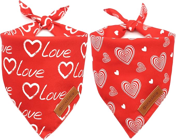 Realeaf Valentines Day Dog Bandanas 2 Pack, Reversible Love Pet Scarf for Boy and Girl, Premium Durable Fabric, Heart Bandana for Small Medium Dogs (Small)