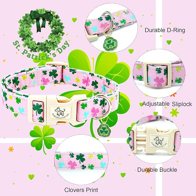 Elegant little tail St Patrick's Dog Collar-Lucky Colver Cotton Shamrock Pet Collar Trefoil Holiday Adjustable Cotton Pet Collar with Quick Release Buckle for Small Medium Large Dogs