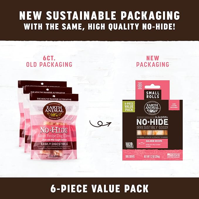 Earth Animal No Hide Small Long Lasting Dog Chew Rolls, Salmon, 2 Count Pack of 3