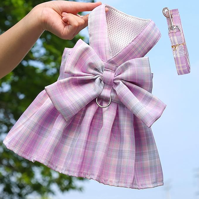 Dog Harness and Leash Set, Cute Bow Tie Plaid Harnesses for Puppy Cat, Adjustable Pet Kitties Vest, Breathable Harness Traction Rope for Boy Girl Small Animal(Skirt Light Pink,XS for 1.1-3.3lbs Dog)