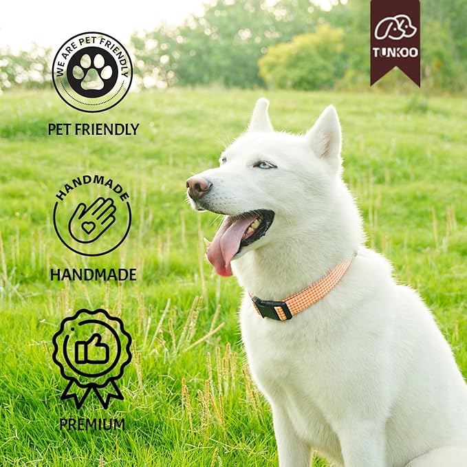 Tunkoo Orange Plaid Dog Collar Premium Cotton - Adjustable Collar with Strong Plastic Bucle Gifts for Small Medium Large Girl Boy Dogs, M