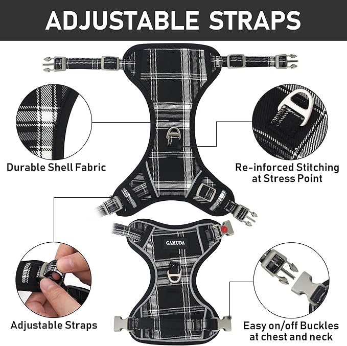 GAMUDA Dog Harness Collar and Leash Set, Horse Care Sheets, No Chock No Pull Adjustable Vest Harnesses Plaid Reflective for Medium Dog, Cat, Small Horse, Small Bull and Pig (Black, L)