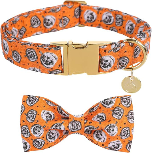 DOGWONG Fall Dog Collar with Bowtie - Fall Dog Collar Soft Cotton Autumn Dogs Necklace - Halloween Puppy Necklace for Small Medium Large Dogs