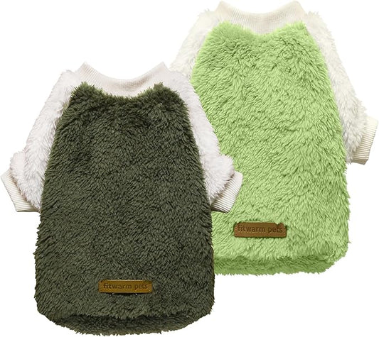 Fitwarm 2 Pack Fuzzy Fleece Dog Sweater, Thermal Dog Clothes for Small Dogs Boy Girl, Pet Cat Winter Outfit, Olive Green, Yellow Green, XXL