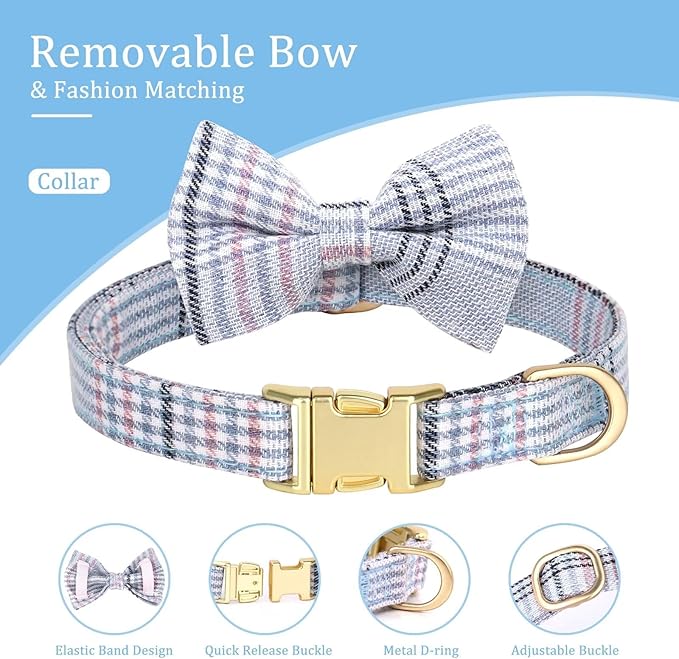 Beirui Cute Small Dog Harness Collar and Leash Set with Bowtie, Soft Adjustable Plaid Puppy Harness for Small Sized Dogs Cats Walks Parties and Photoshoots(Blue,XS:Chest 13-18")