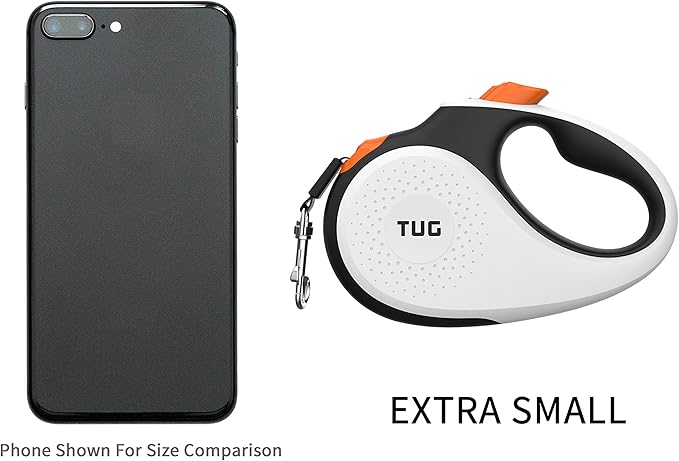 TUG Tiny 360° Tangle-Free Retractable Dog Leash with Anti-Slip Handle | 10 ft Nylon Tape | One-Handed Brake, Pause, Lock (White/Orange)