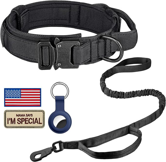 DAGANXI Tactical Dog Collar Leash Set, Adjustable Military Training Nylon Dog Collar with Controll Handle and Heavy Metal Buckle for Medium and Large Dogs，with Patches and Airtags Case (L, Black-Set)