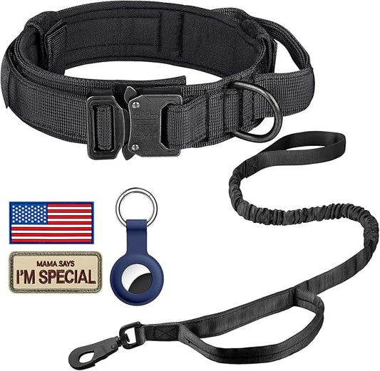 DAGANXI Tactical Dog Collar Leash Set, Adjustable Military Training Nylon Dog Collar with Controll Handle and Heavy Metal Buckle for Medium and Large Dogs，with Patches and Airtags Case (M, Black-Set)