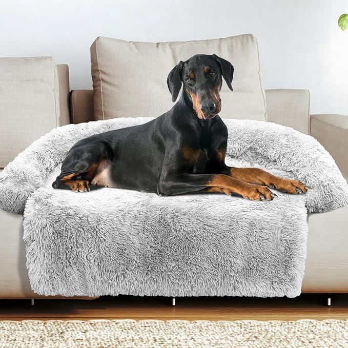 Calming Dog Bed Fluffy Plush Dog Mat for Furniture Protector with Removable Washable Cover for Large Medium Small Dogs and Cats (Extra Extra Large, Light Grey)