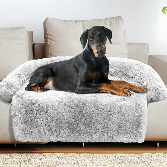 Calming Dog Bed Fluffy Plush Dog Mat for Furniture Protector with Removable Washable Cover for Large Medium Small Dogs and Cats (Extra Extra Large, Light Grey)