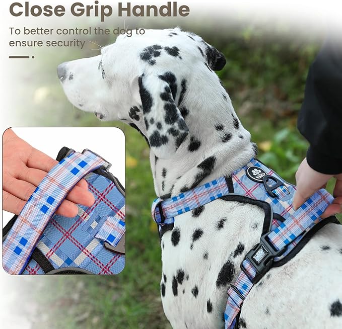 FURRYFECTION Plaid Dog Harness for Large Dogs | No Pull Reflective Pet Harness | No Choke Adjustable Dog Vest Harnesses | with Leash | Easy Control Handle | Front Lead | Seat Belt | Blue&White | XL