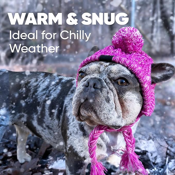 Knitted Dog Hat with Ear Holes & Adjustable Chin Strap - Warm & Snug Fit Dog Beanie for French Bulldog - Light & Soft yarn Dog Hats - Stylish Dog Accessories & Clothes - Beanies for Dogs(Pink, Medium)