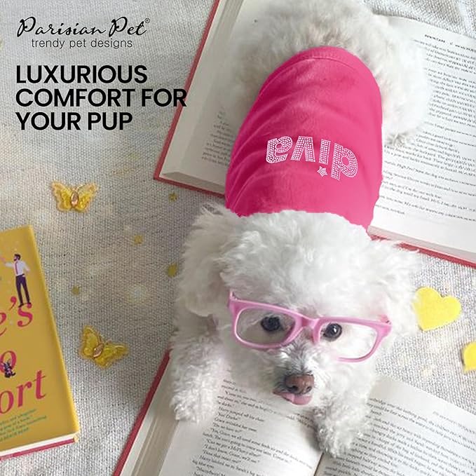 Parisian Pet Dog T-Shirt with Embroidered ' Diva ' - Breathable Tank Top - Sleeveless Pet Vest - Machine Washable Pink Tee Shirt for Small Dogs - XXS